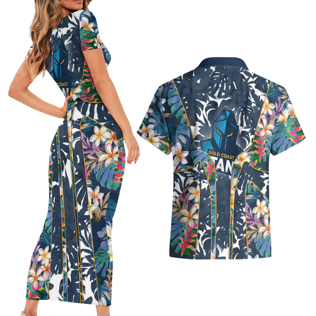 Gold Coast Titans Couples Matching Short Sleeve Bodycon Dress and Hawaiian Shirt Tropical Hibiscus Floral Pattern With Blue And Yellow Accents