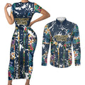 Gold Coast Titans Couples Matching Short Sleeve Bodycon Dress and Long Sleeve Button Shirt Tropical Hibiscus Floral Pattern With Blue And Yellow Accents