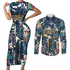 Gold Coast Titans Couples Matching Short Sleeve Bodycon Dress and Long Sleeve Button Shirt Tropical Hibiscus Floral Pattern With Blue And Yellow Accents