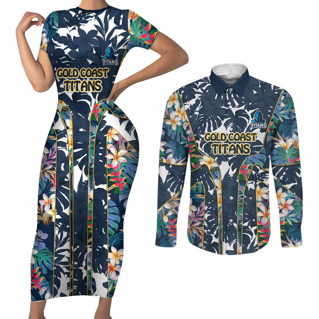 Gold Coast Titans Couples Matching Short Sleeve Bodycon Dress and Long Sleeve Button Shirt Tropical Hibiscus Floral Pattern With Blue And Yellow Accents