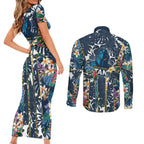 Gold Coast Titans Couples Matching Short Sleeve Bodycon Dress and Long Sleeve Button Shirt Tropical Hibiscus Floral Pattern With Blue And Yellow Accents