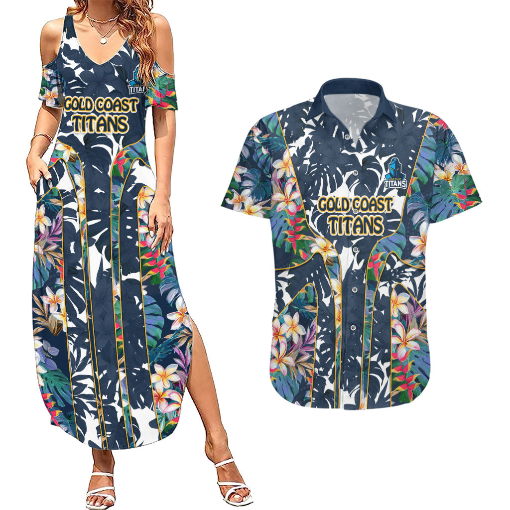 Gold Coast Titans Couples Matching Summer Maxi Dress and Hawaiian Shirt Tropical Hibiscus Floral Pattern With Blue And Yellow Accents