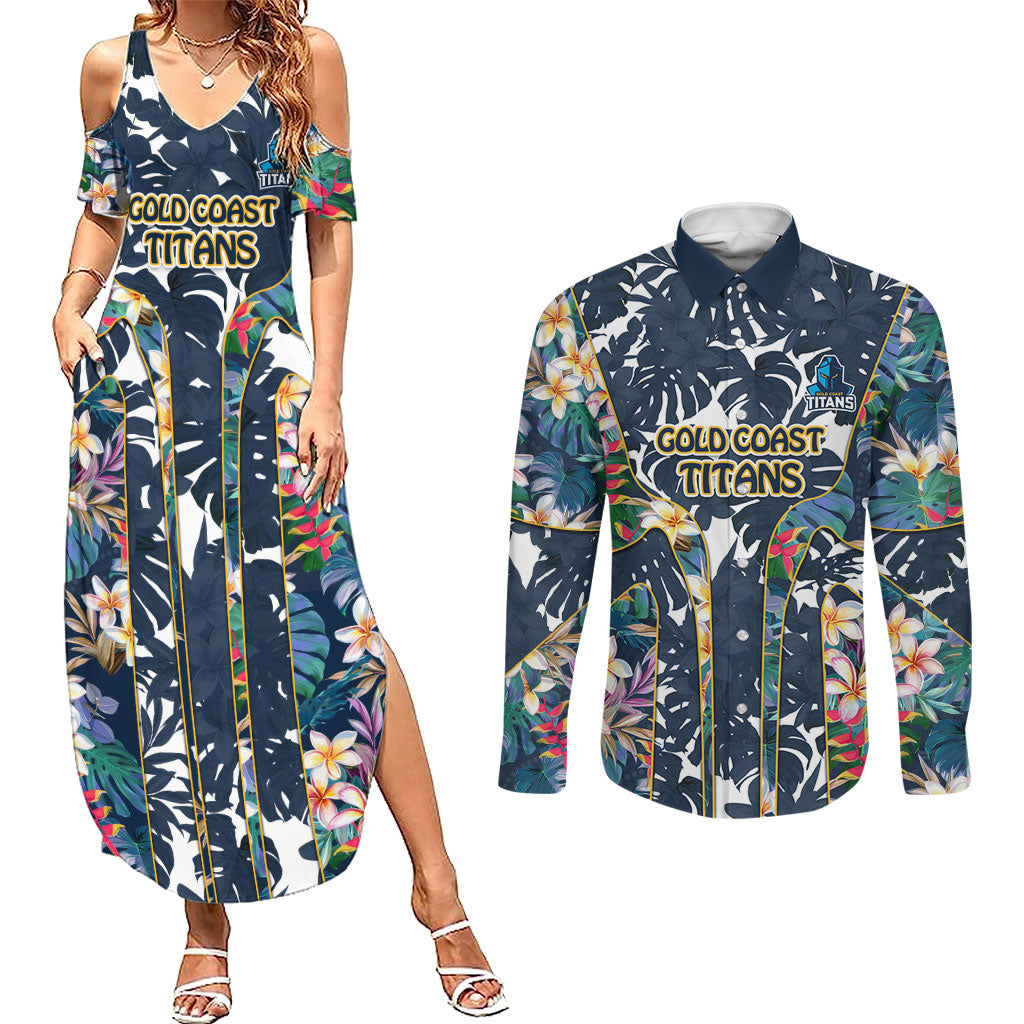 Gold Coast Titans Couples Matching Summer Maxi Dress and Long Sleeve Button Shirt Tropical Hibiscus Floral Pattern With Blue And Yellow Accents