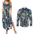 Gold Coast Titans Couples Matching Summer Maxi Dress and Long Sleeve Button Shirt Tropical Hibiscus Floral Pattern With Blue And Yellow Accents