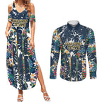 Gold Coast Titans Couples Matching Summer Maxi Dress and Long Sleeve Button Shirt Tropical Hibiscus Floral Pattern With Blue And Yellow Accents