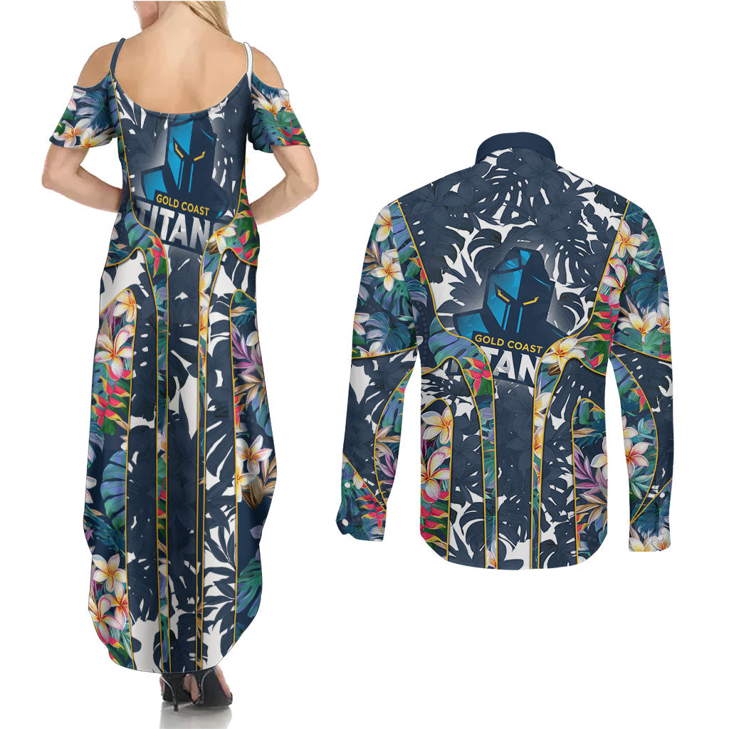 Gold Coast Titans Couples Matching Summer Maxi Dress and Long Sleeve Button Shirt Tropical Hibiscus Floral Pattern With Blue And Yellow Accents