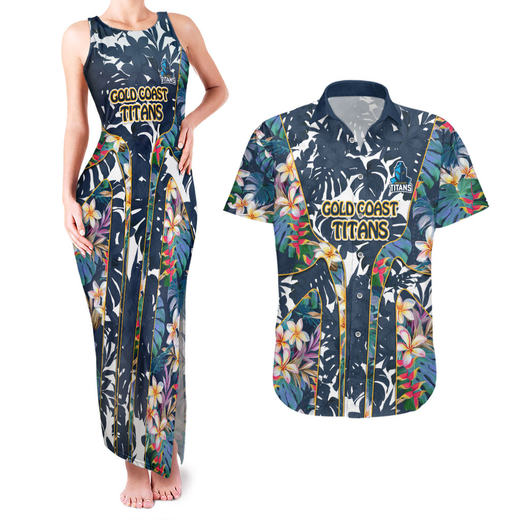 Gold Coast Titans Couples Matching Tank Maxi Dress and Hawaiian Shirt Tropical Hibiscus Floral Pattern With Blue And Yellow Accents