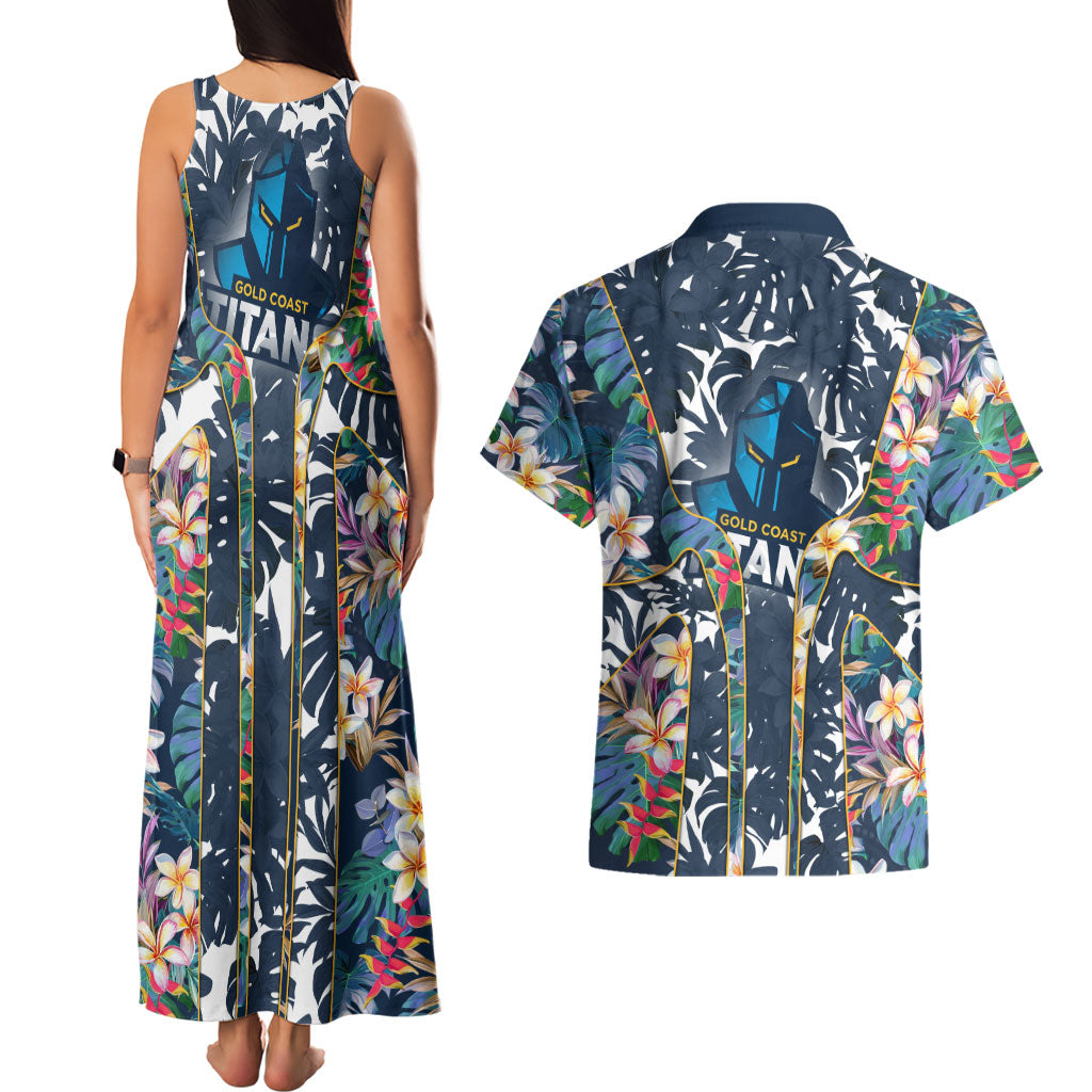 Gold Coast Titans Couples Matching Tank Maxi Dress and Hawaiian Shirt Tropical Hibiscus Floral Pattern With Blue And Yellow Accents