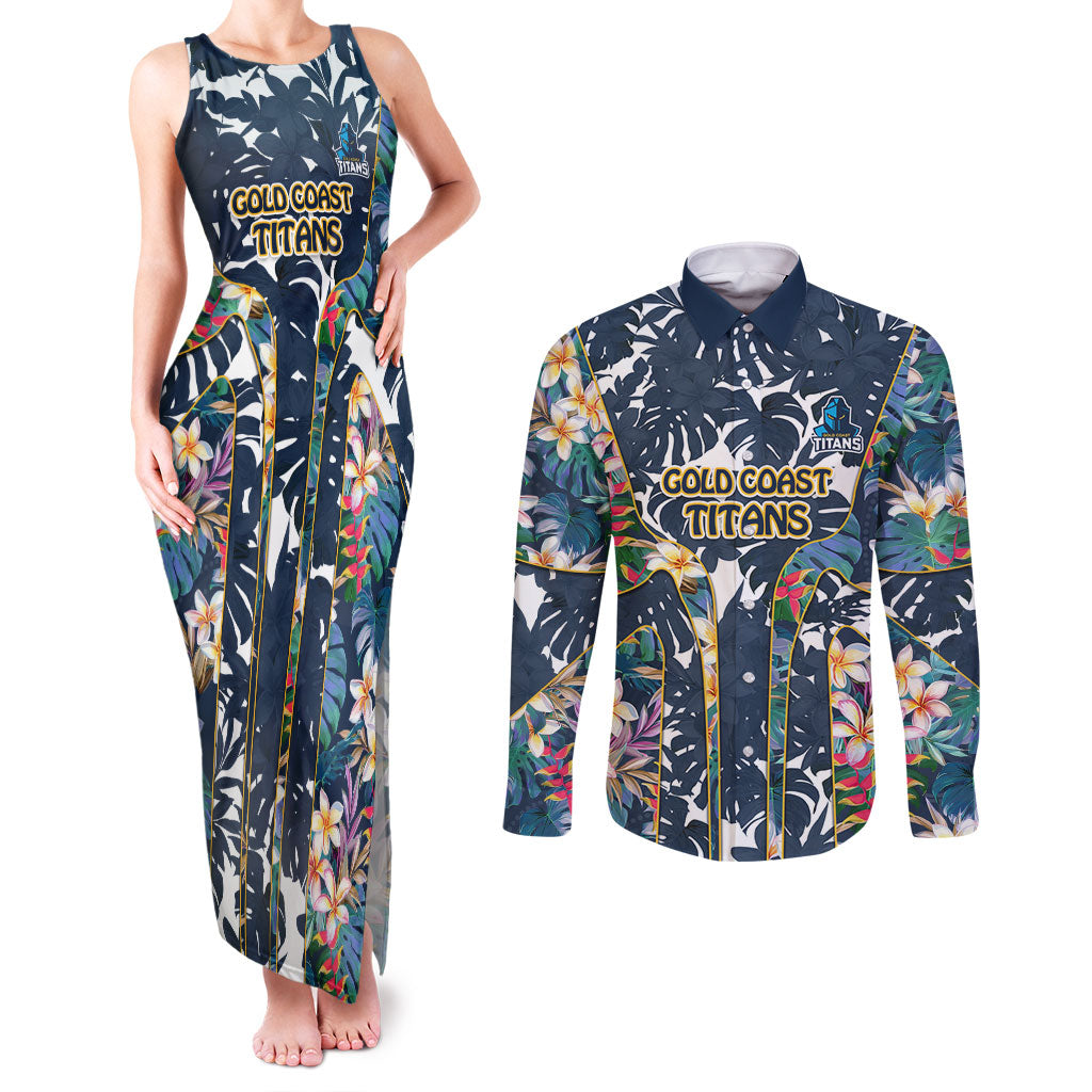 Gold Coast Titans Couples Matching Tank Maxi Dress and Long Sleeve Button Shirt Tropical Hibiscus Floral Pattern With Blue And Yellow Accents