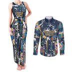 Gold Coast Titans Couples Matching Tank Maxi Dress and Long Sleeve Button Shirt Tropical Hibiscus Floral Pattern With Blue And Yellow Accents