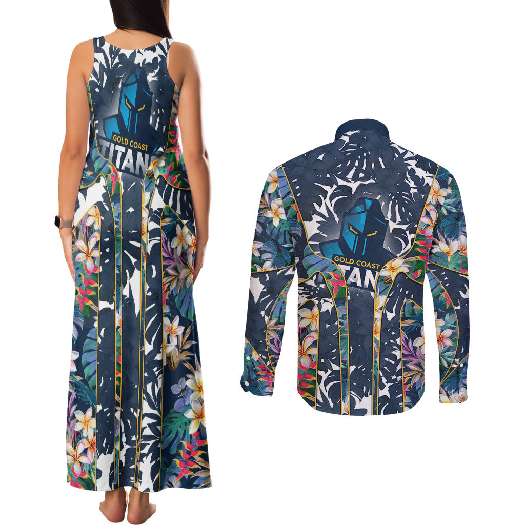 Gold Coast Titans Couples Matching Tank Maxi Dress and Long Sleeve Button Shirt Tropical Hibiscus Floral Pattern With Blue And Yellow Accents