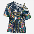 Gold Coast Titans Cross Shoulder Shirt Tropical Hibiscus Floral Pattern With Blue And Yellow Accents