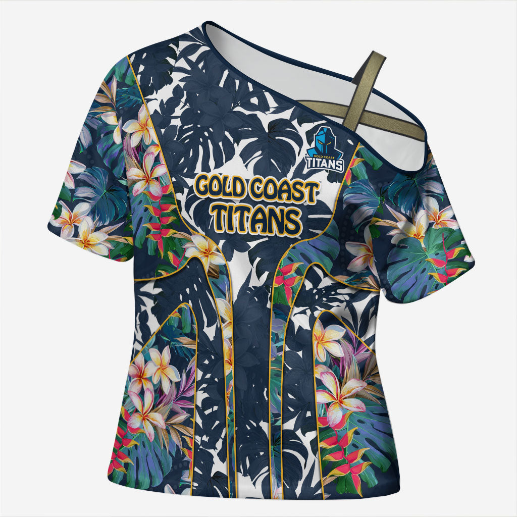 Gold Coast Titans Cross Shoulder Shirt Tropical Hibiscus Floral Pattern With Blue And Yellow Accents