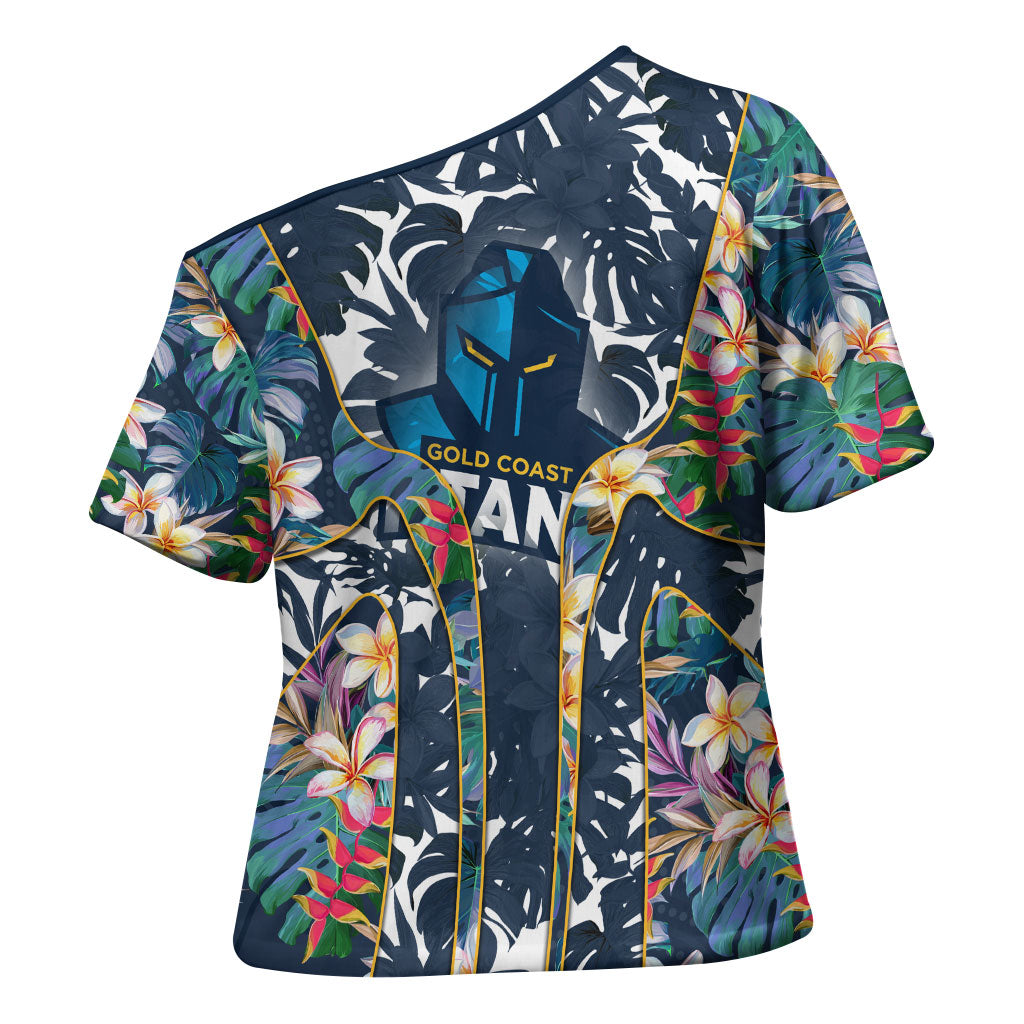 Gold Coast Titans Cross Shoulder Shirt Tropical Hibiscus Floral Pattern With Blue And Yellow Accents