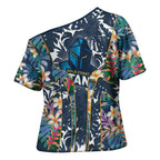 Gold Coast Titans Cross Shoulder Shirt Tropical Hibiscus Floral Pattern With Blue And Yellow Accents
