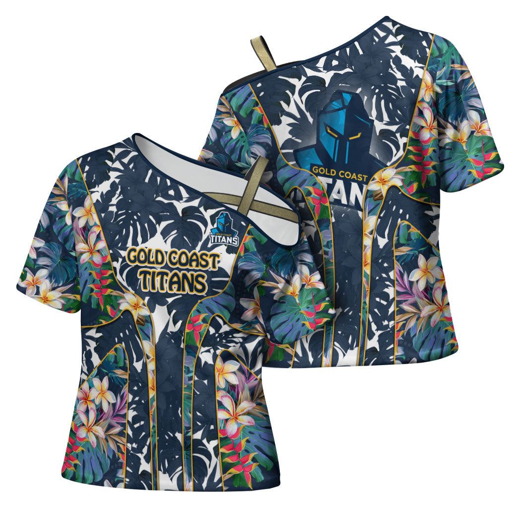 Gold Coast Titans Cross Shoulder Shirt Tropical Hibiscus Floral Pattern With Blue And Yellow Accents