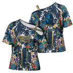 Gold Coast Titans Cross Shoulder Shirt Tropical Hibiscus Floral Pattern With Blue And Yellow Accents