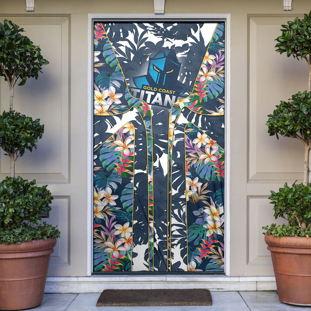 Gold Coast Titans Door Cover Tropical Hibiscus Floral Pattern With Blue And Yellow Accents