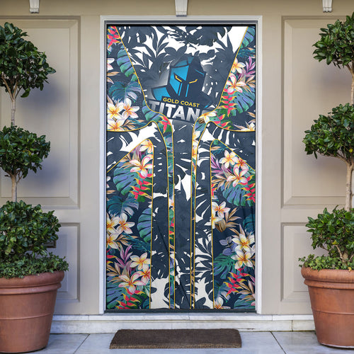 Gold Coast Titans Door Cover Tropical Hibiscus Floral Pattern With Blue And Yellow Accents