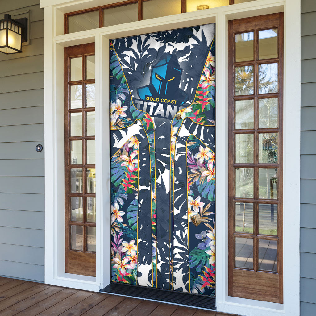 Gold Coast Titans Door Cover Tropical Hibiscus Floral Pattern With Blue And Yellow Accents
