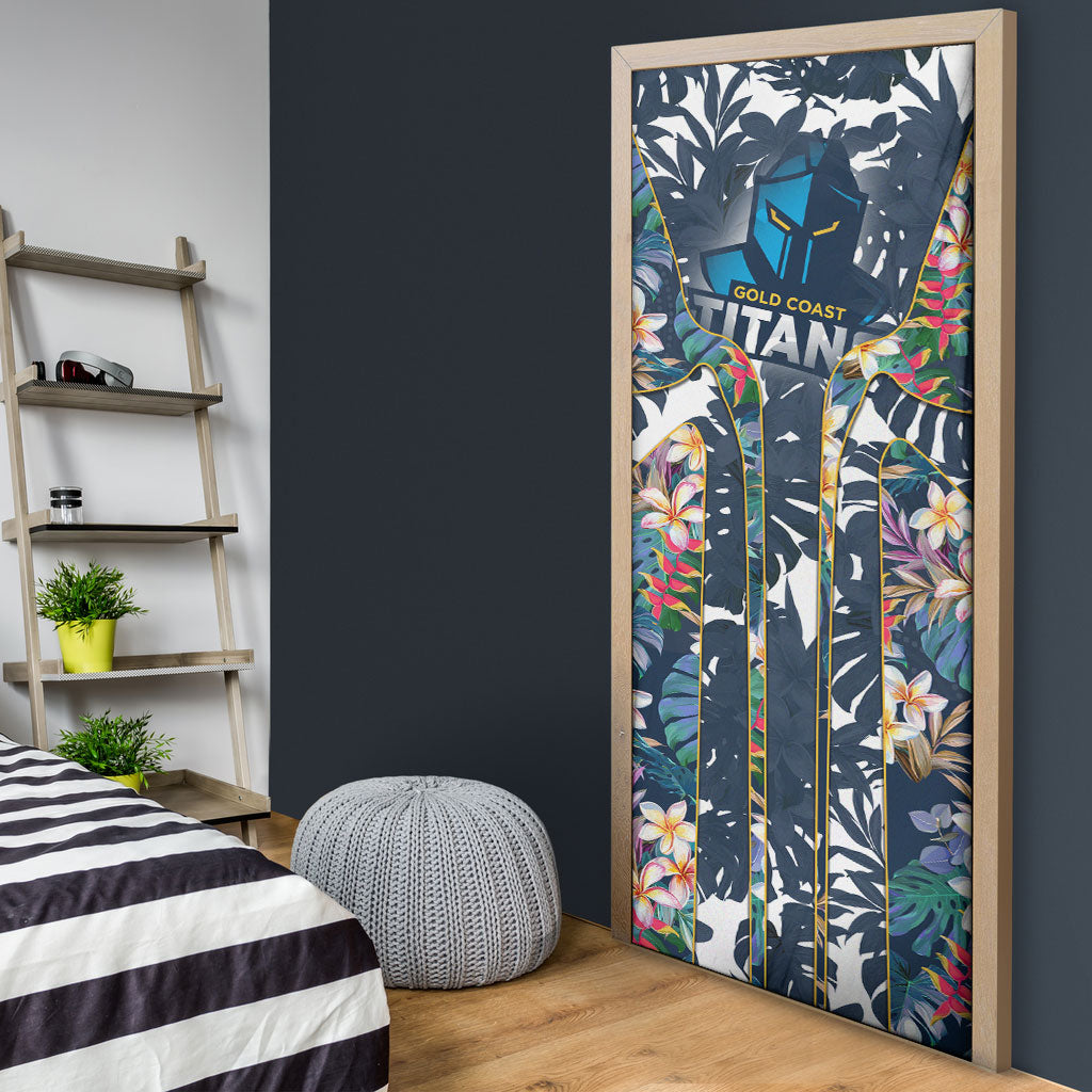 Gold Coast Titans Door Cover Tropical Hibiscus Floral Pattern With Blue And Yellow Accents