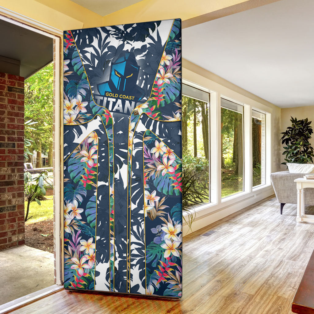 Gold Coast Titans Door Cover Tropical Hibiscus Floral Pattern With Blue And Yellow Accents