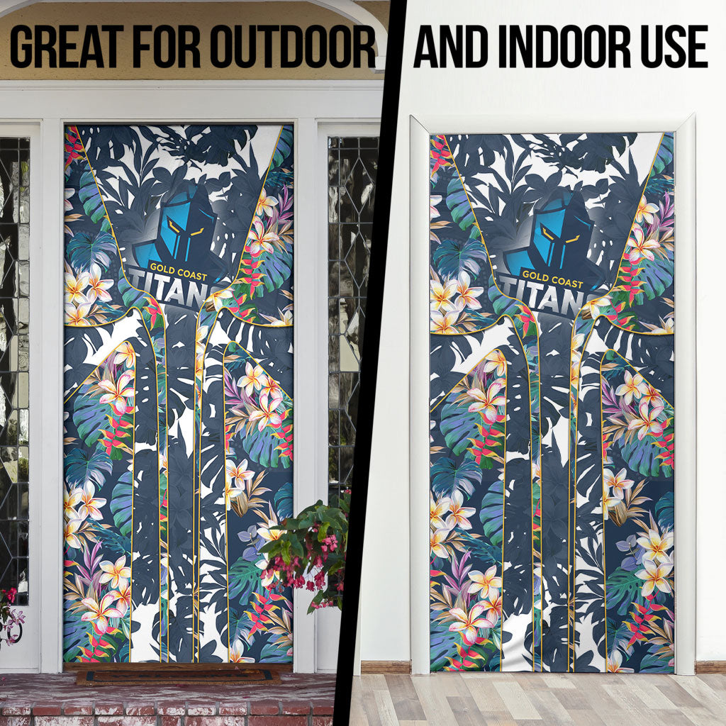 Gold Coast Titans Door Cover Tropical Hibiscus Floral Pattern With Blue And Yellow Accents