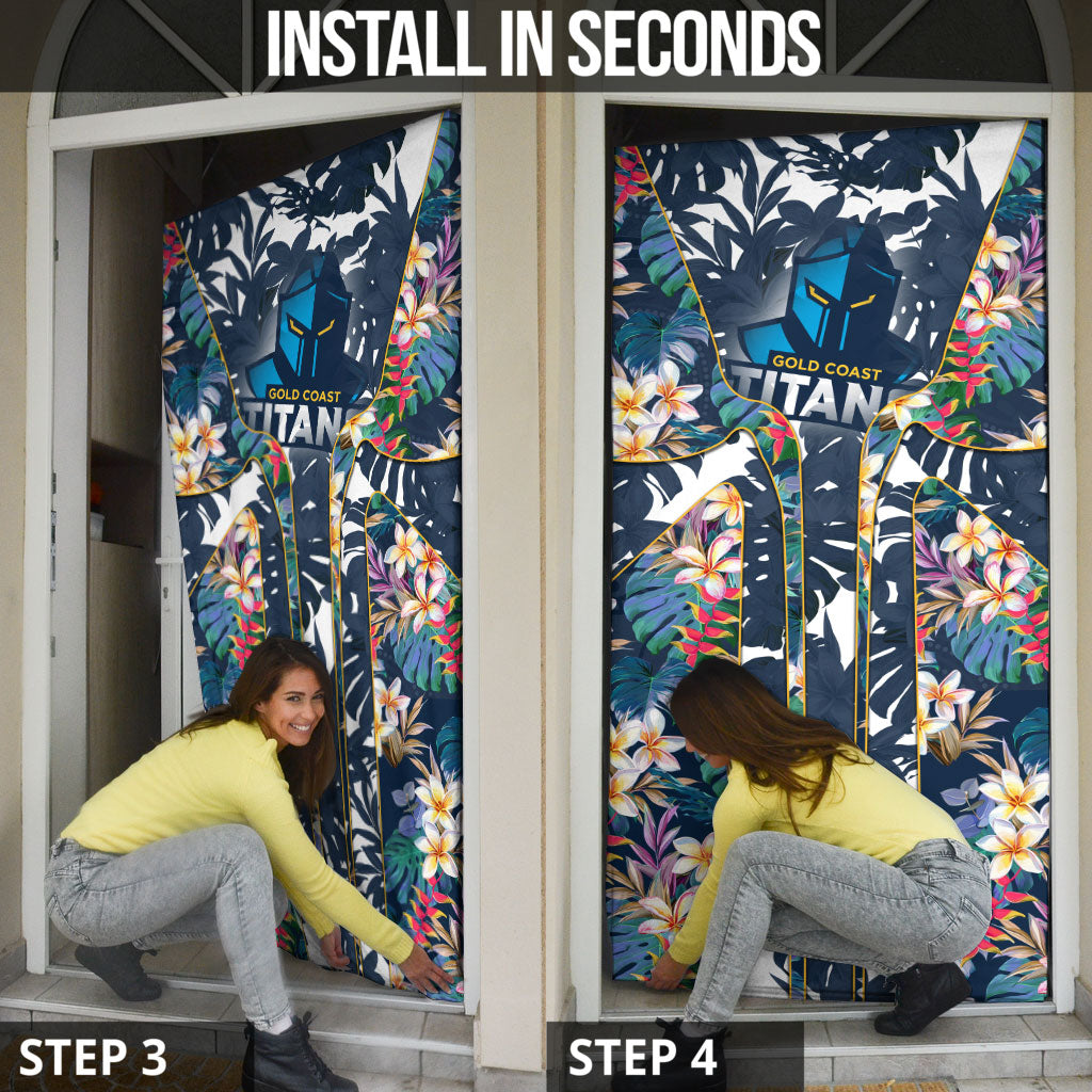 Gold Coast Titans Door Cover Tropical Hibiscus Floral Pattern With Blue And Yellow Accents