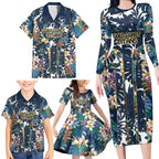 Gold Coast Titans Family Matching Long Sleeve Bodycon Dress and Hawaiian Shirt Tropical Hibiscus Floral Pattern With Blue And Yellow Accents
