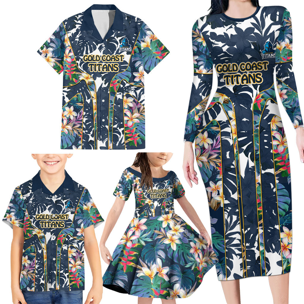 Gold Coast Titans Family Matching Long Sleeve Bodycon Dress and Hawaiian Shirt Tropical Hibiscus Floral Pattern With Blue And Yellow Accents