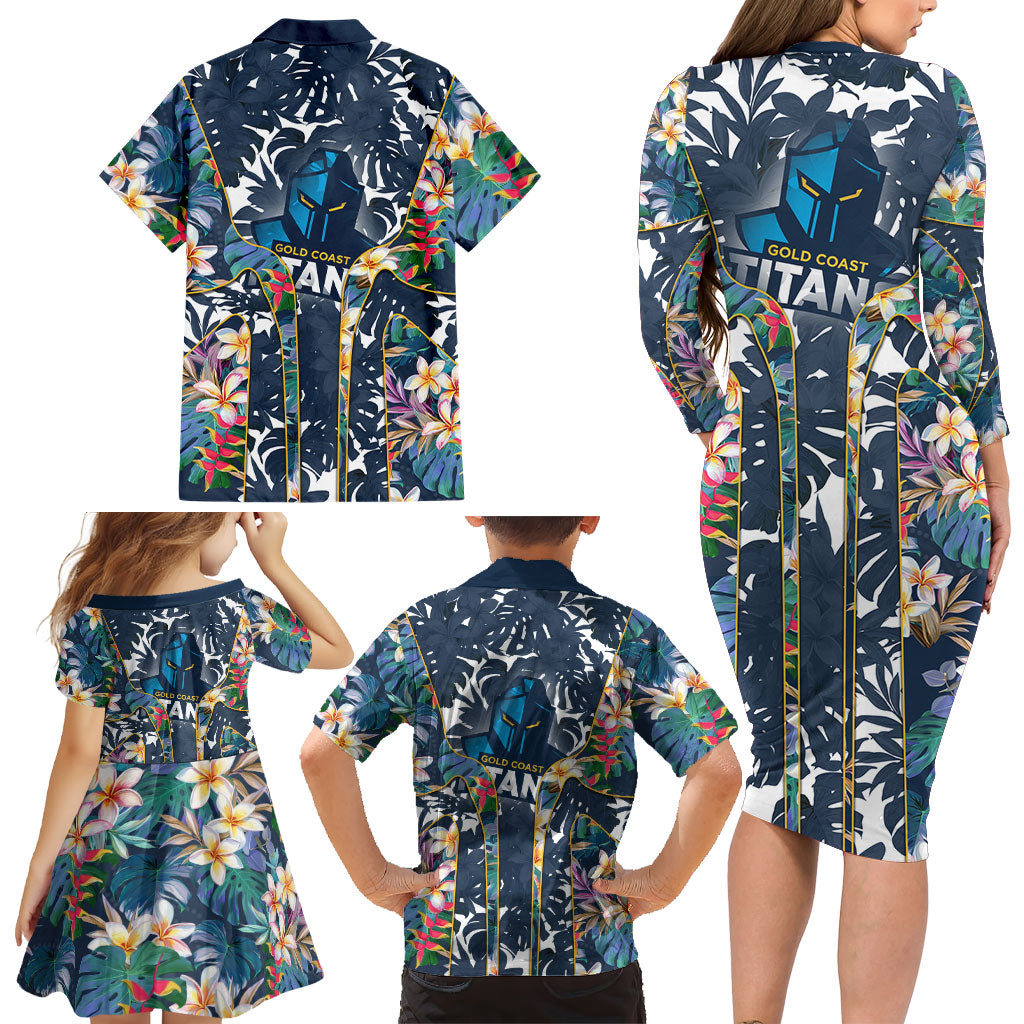 Gold Coast Titans Family Matching Long Sleeve Bodycon Dress and Hawaiian Shirt Tropical Hibiscus Floral Pattern With Blue And Yellow Accents