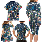 Gold Coast Titans Family Matching Long Sleeve Bodycon Dress and Hawaiian Shirt Tropical Hibiscus Floral Pattern With Blue And Yellow Accents