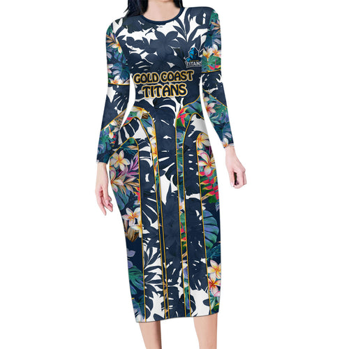 Gold Coast Titans Family Matching Long Sleeve Bodycon Dress and Hawaiian Shirt Tropical Hibiscus Floral Pattern With Blue And Yellow Accents