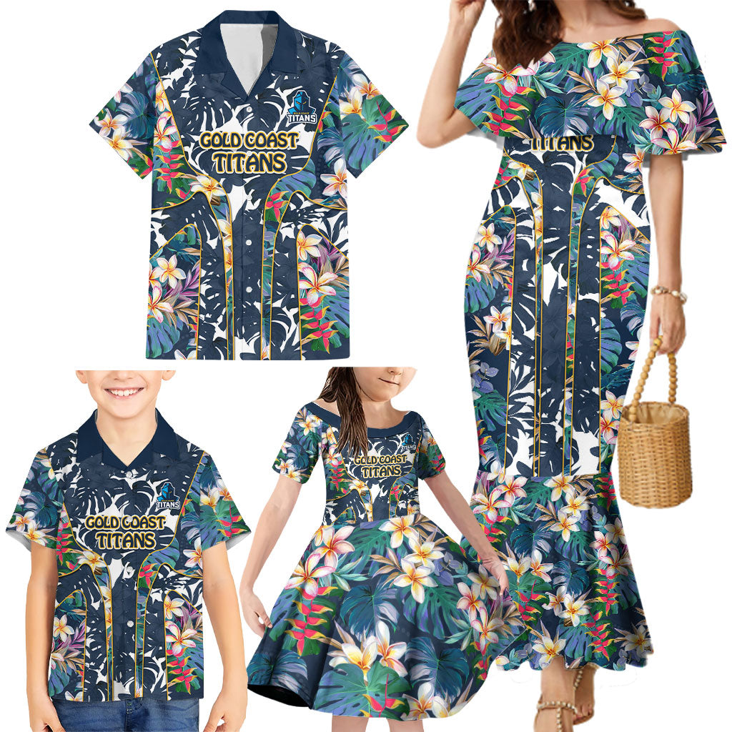Gold Coast Titans Family Matching Mermaid Dress and Hawaiian Shirt Tropical Hibiscus Floral Pattern With Blue And Yellow Accents