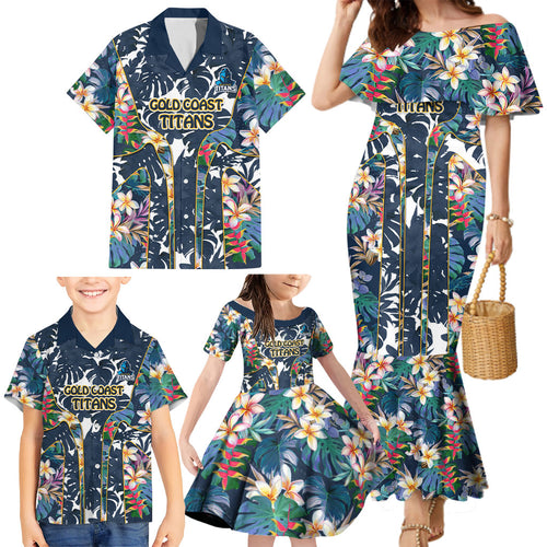 Gold Coast Titans Family Matching Mermaid Dress and Hawaiian Shirt Tropical Hibiscus Floral Pattern With Blue And Yellow Accents