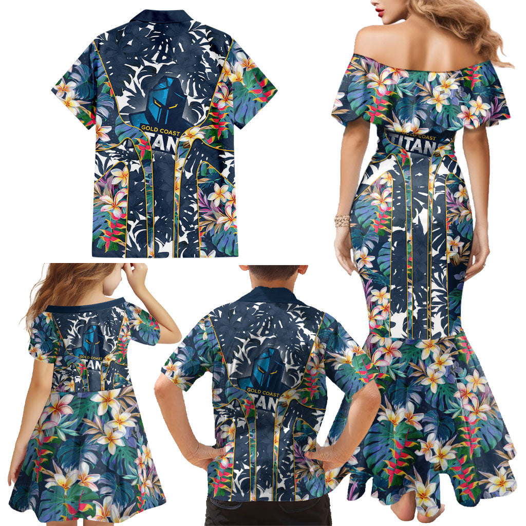 Gold Coast Titans Family Matching Mermaid Dress and Hawaiian Shirt Tropical Hibiscus Floral Pattern With Blue And Yellow Accents