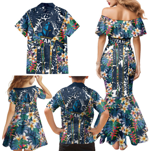 Gold Coast Titans Family Matching Mermaid Dress and Hawaiian Shirt Tropical Hibiscus Floral Pattern With Blue And Yellow Accents