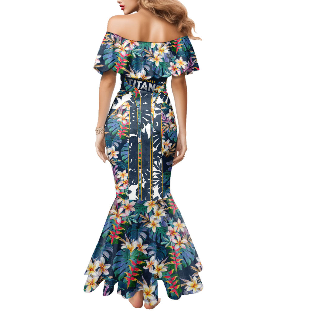 Gold Coast Titans Family Matching Mermaid Dress and Hawaiian Shirt Tropical Hibiscus Floral Pattern With Blue And Yellow Accents
