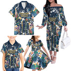 Gold Coast Titans Family Matching Off The Shoulder Long Sleeve Dress and Hawaiian Shirt Tropical Hibiscus Floral Pattern With Blue And Yellow Accents
