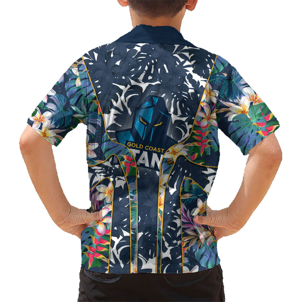 Gold Coast Titans Family Matching Off The Shoulder Long Sleeve Dress and Hawaiian Shirt Tropical Hibiscus Floral Pattern With Blue And Yellow Accents