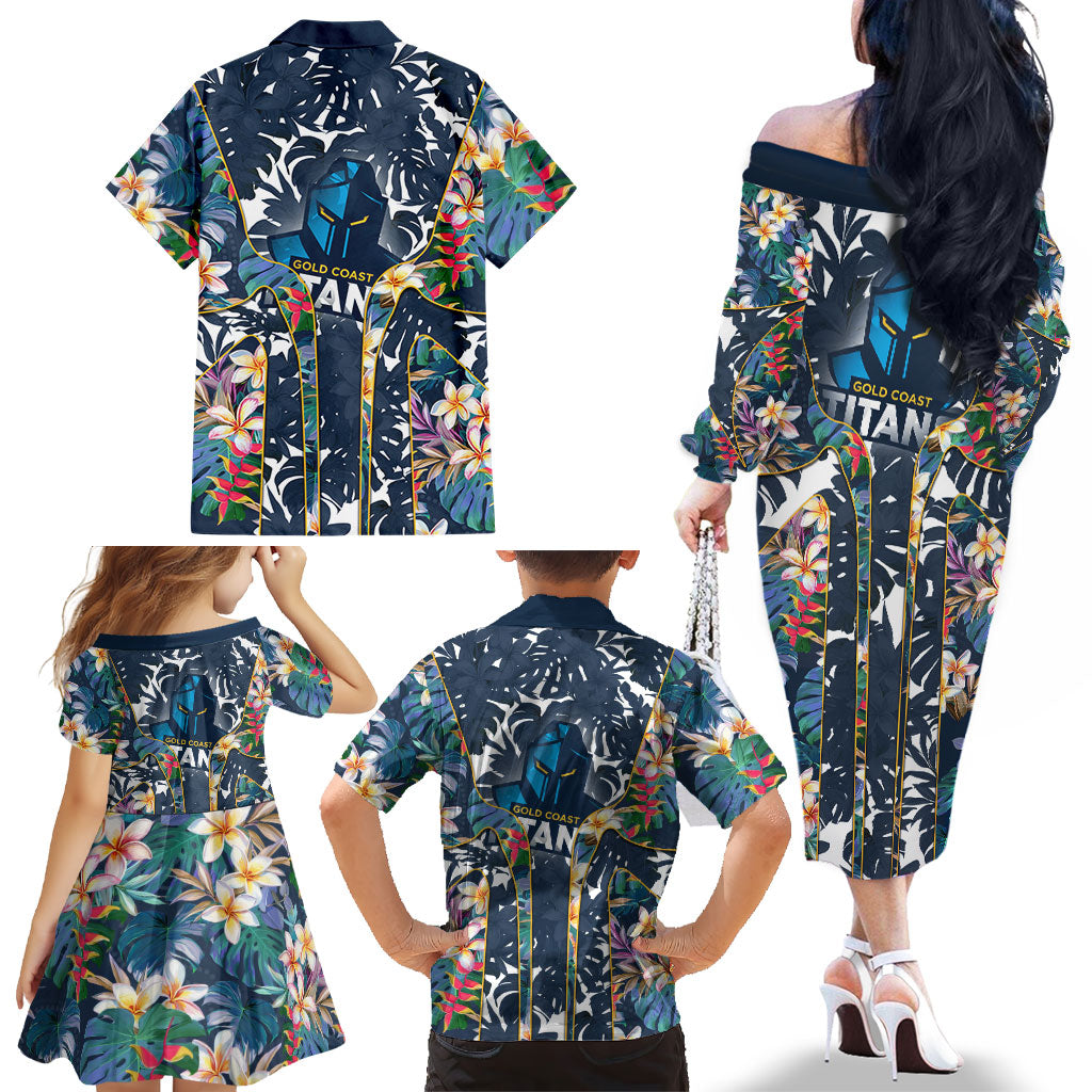 Gold Coast Titans Family Matching Off The Shoulder Long Sleeve Dress and Hawaiian Shirt Tropical Hibiscus Floral Pattern With Blue And Yellow Accents