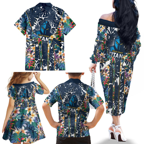 Gold Coast Titans Family Matching Off The Shoulder Long Sleeve Dress and Hawaiian Shirt Tropical Hibiscus Floral Pattern With Blue And Yellow Accents