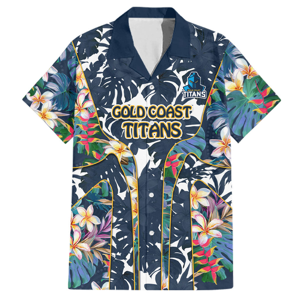 Gold Coast Titans Family Matching Off The Shoulder Long Sleeve Dress and Hawaiian Shirt Tropical Hibiscus Floral Pattern With Blue And Yellow Accents