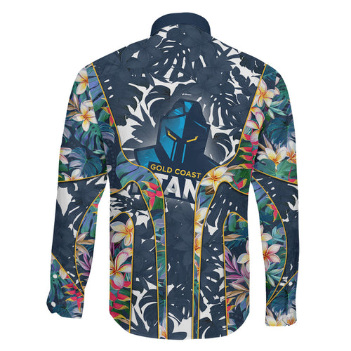 Gold Coast Titans Family Matching Off The Shoulder Long Sleeve Dress and Hawaiian Shirt Tropical Hibiscus Floral Pattern With Blue And Yellow Accents