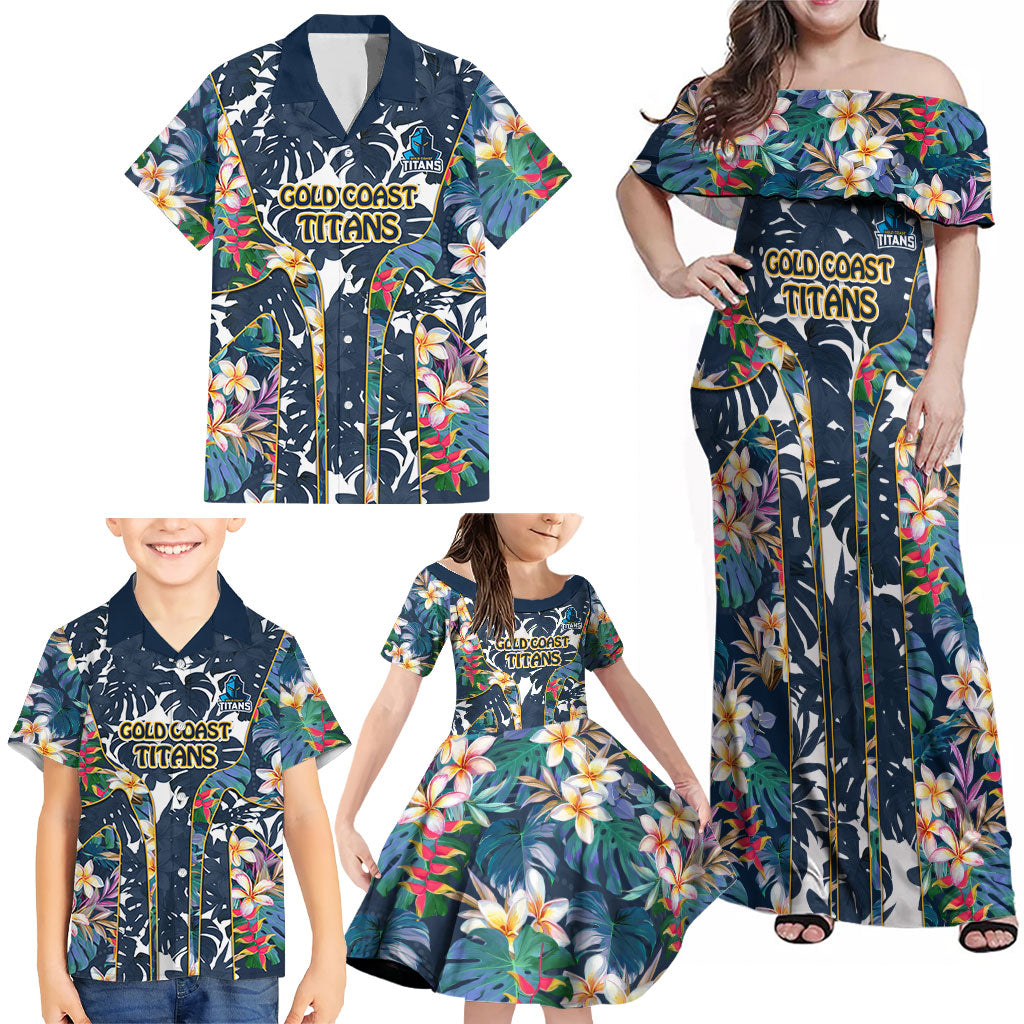 Gold Coast Titans Family Matching Off Shoulder Maxi Dress and Hawaiian Shirt Tropical Hibiscus Floral Pattern With Blue And Yellow Accents