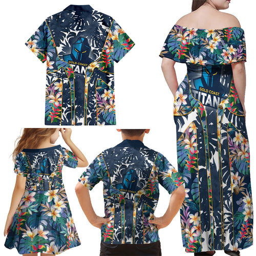 Gold Coast Titans Family Matching Off Shoulder Maxi Dress and Hawaiian Shirt Tropical Hibiscus Floral Pattern With Blue And Yellow Accents