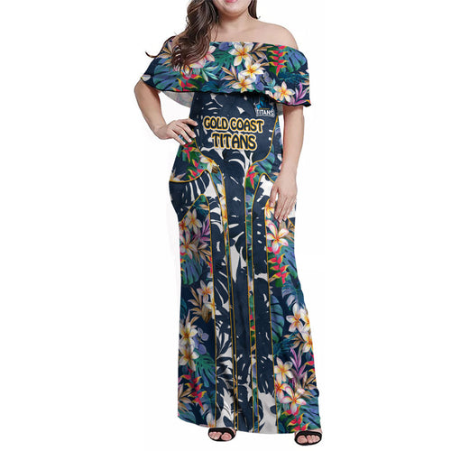Gold Coast Titans Family Matching Off Shoulder Maxi Dress and Hawaiian Shirt Tropical Hibiscus Floral Pattern With Blue And Yellow Accents