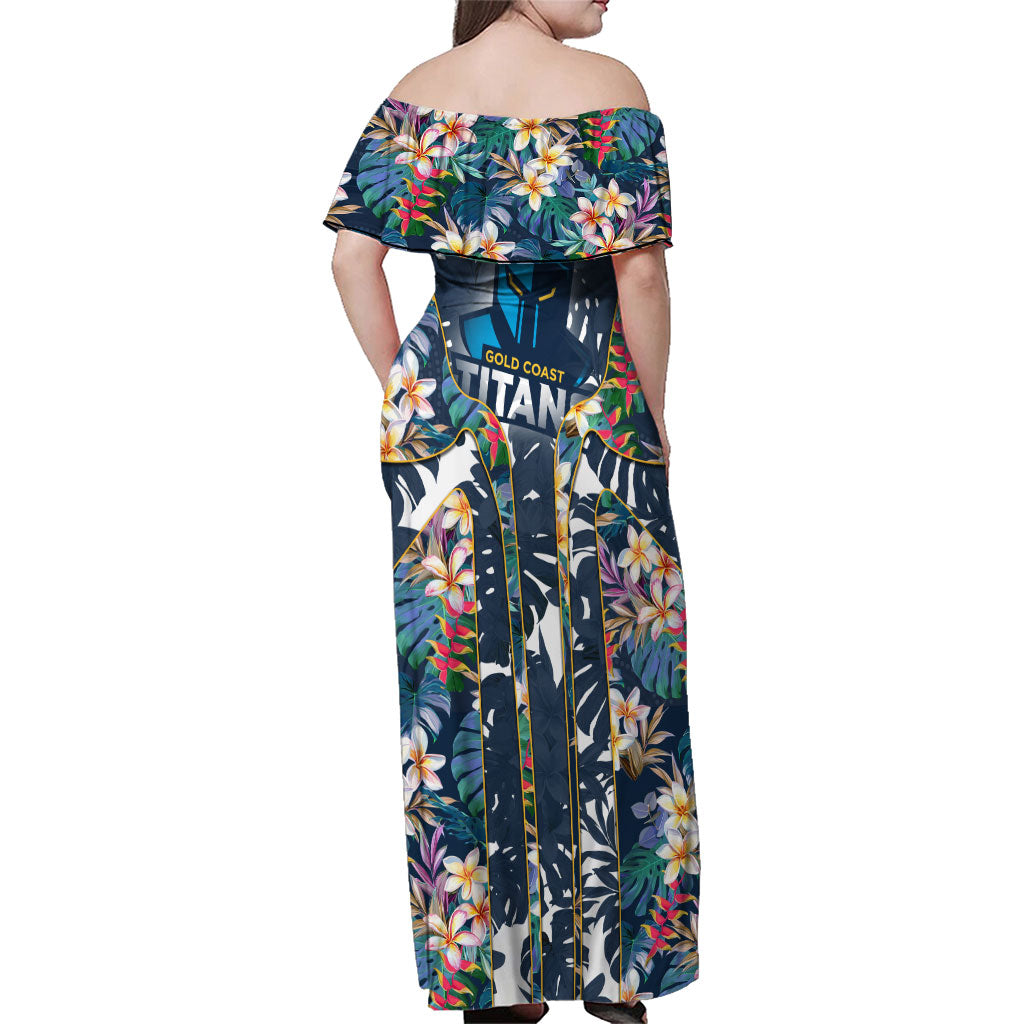 Gold Coast Titans Family Matching Off Shoulder Maxi Dress and Hawaiian Shirt Tropical Hibiscus Floral Pattern With Blue And Yellow Accents
