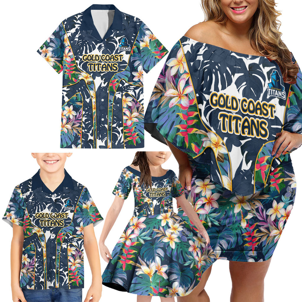 Gold Coast Titans Family Matching Off Shoulder Short Dress and Hawaiian Shirt Tropical Hibiscus Floral Pattern With Blue And Yellow Accents