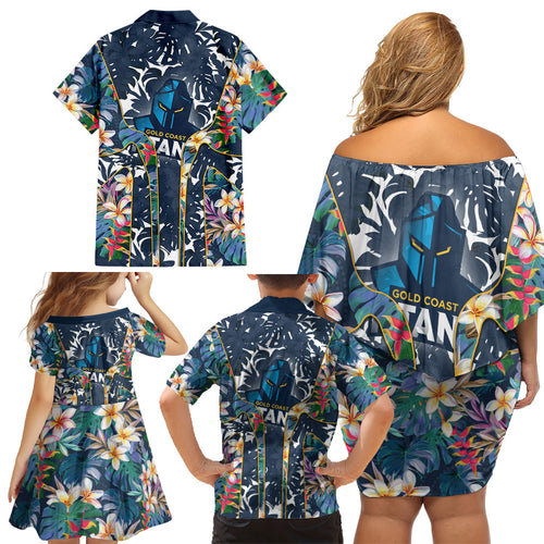 Gold Coast Titans Family Matching Off Shoulder Short Dress and Hawaiian Shirt Tropical Hibiscus Floral Pattern With Blue And Yellow Accents